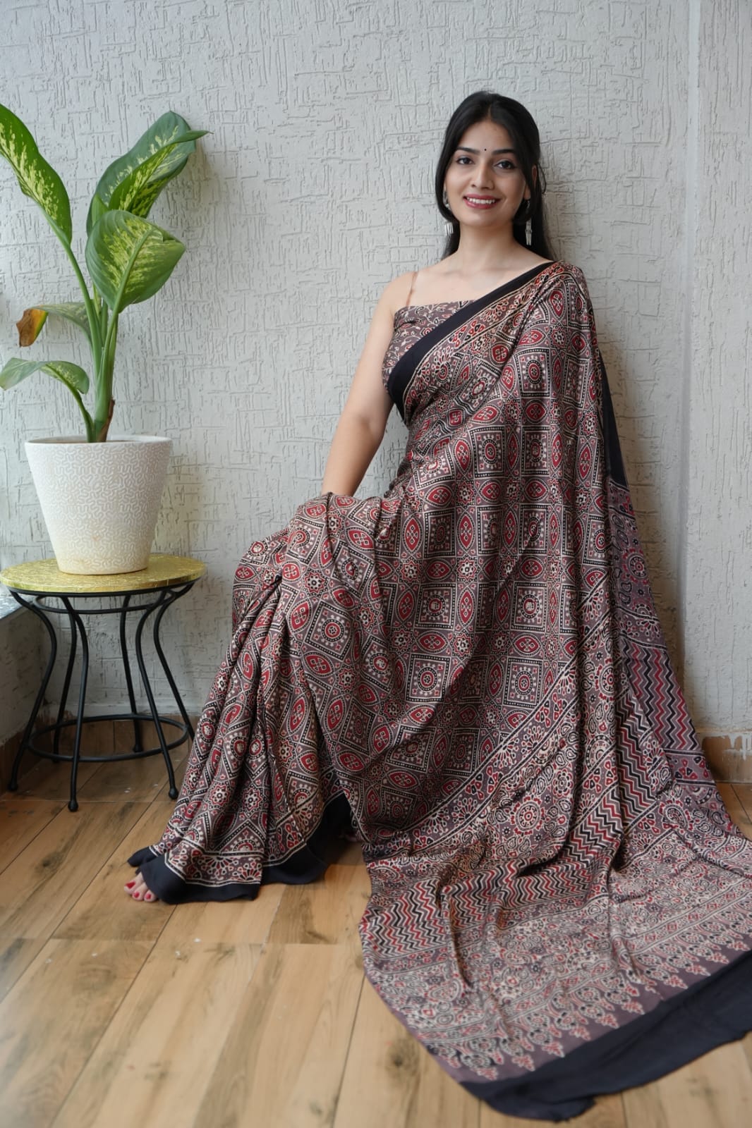 Brown Ajrakh Handblock Printed Saree with All-over Jaal Motif in Modal Silk – Wholesale Manufacturer from Kutch